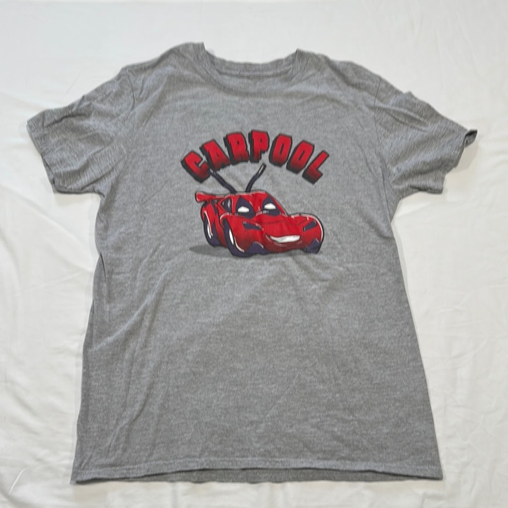 Gray Short Sleeve Tee with Mock Deadpool Graphics